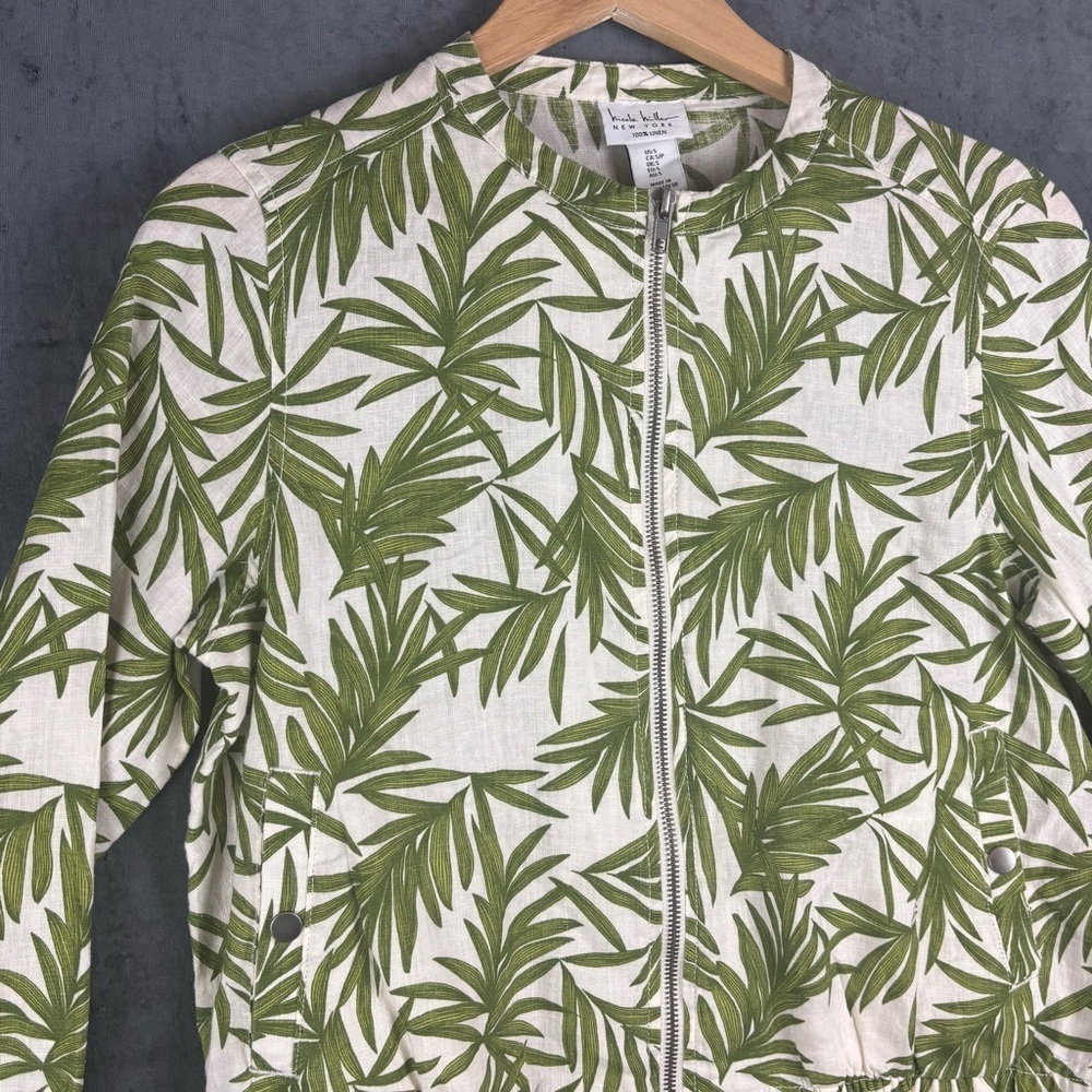 Nicole Miller 100% Linen Palm Leaf Print Bomber Jacket Green and White